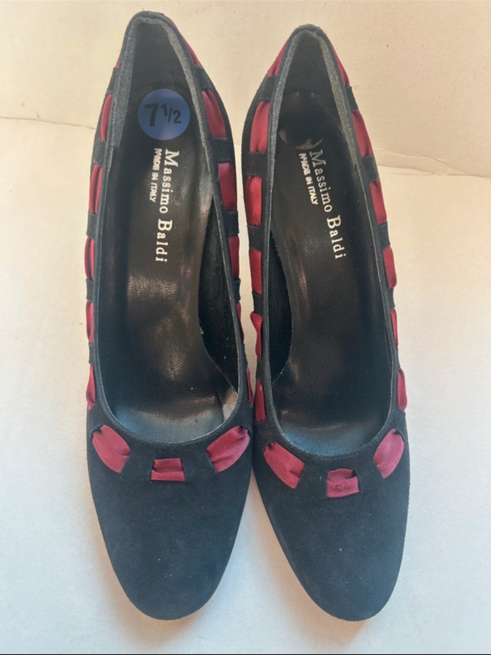 Massimo Baldi Black Suede Heels with Burgundy Ribbon Trim